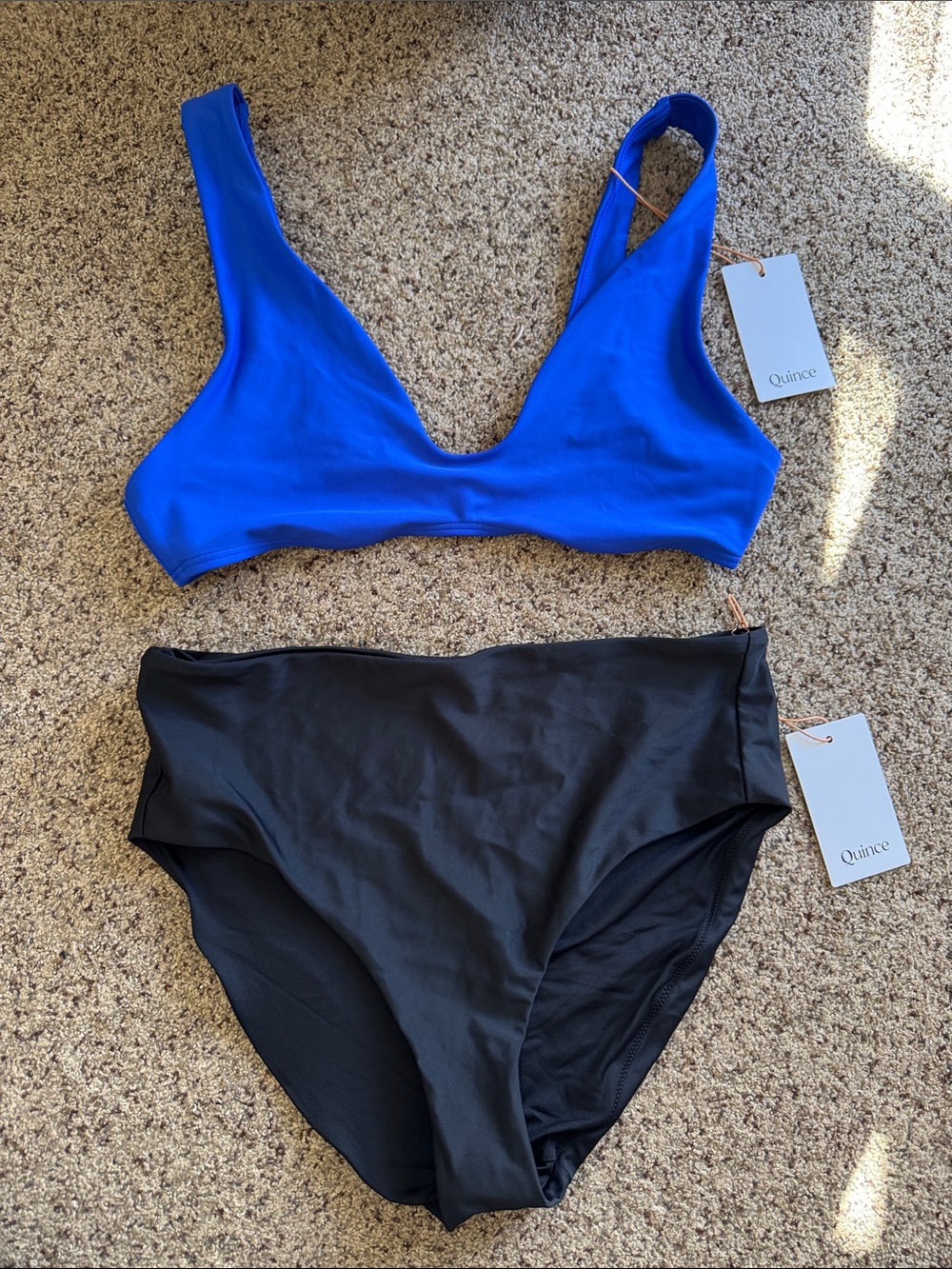 Quince Royal Blue V-Neck Bikini Top with Black High-Waist Bottoms